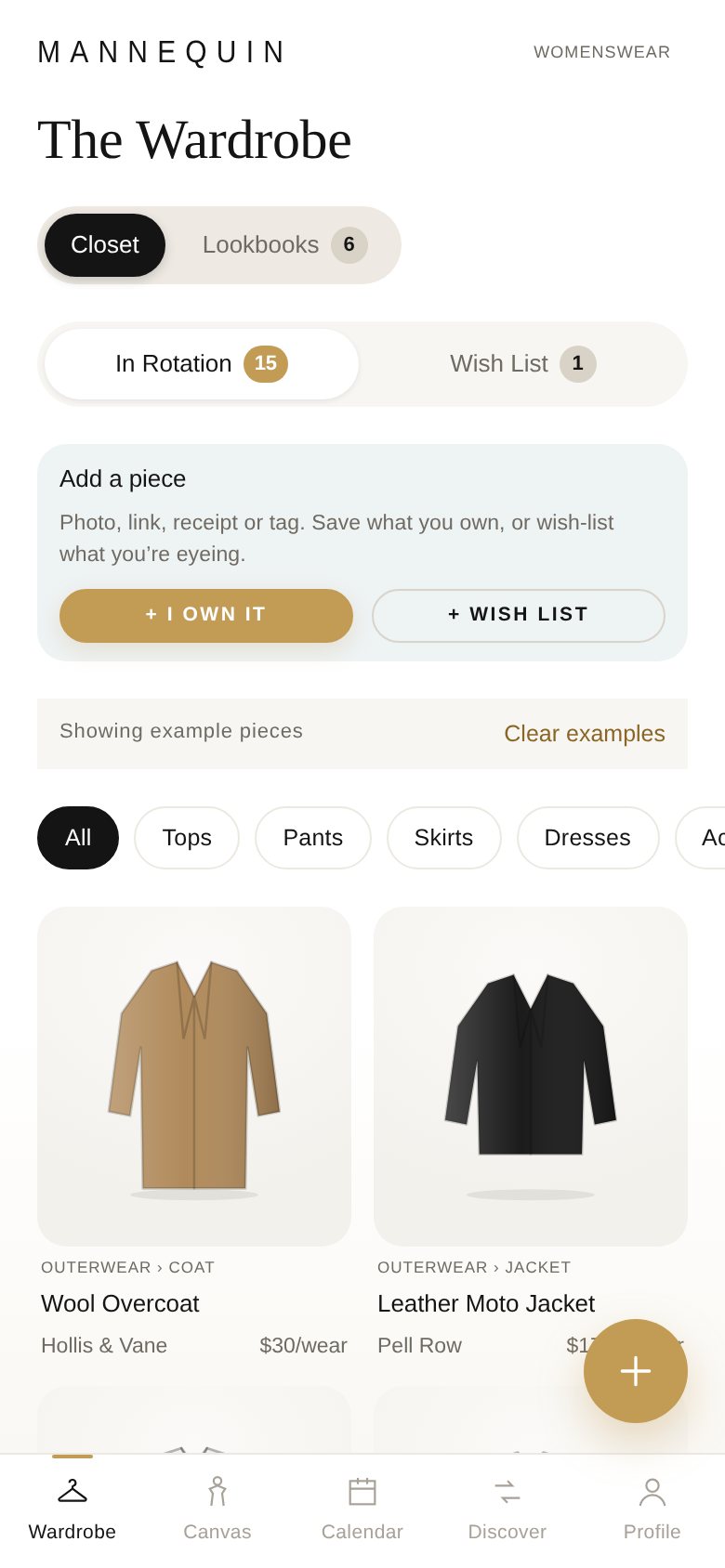 The Wardrobe screen: a closet of tagged pieces with cost per wear
