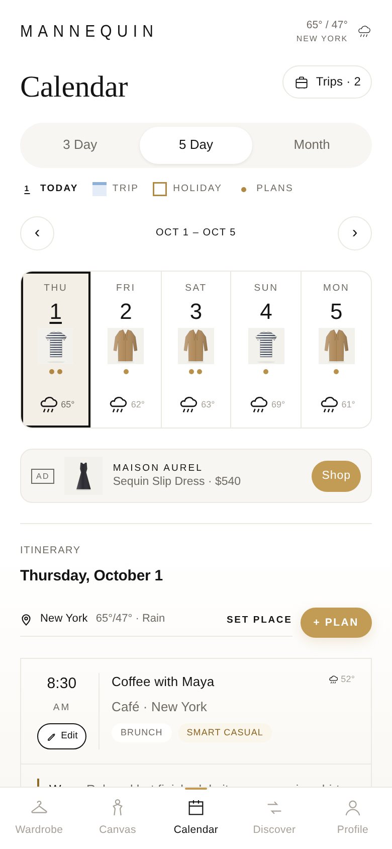 The Calendar screen: five days of outfits with the forecast for each day