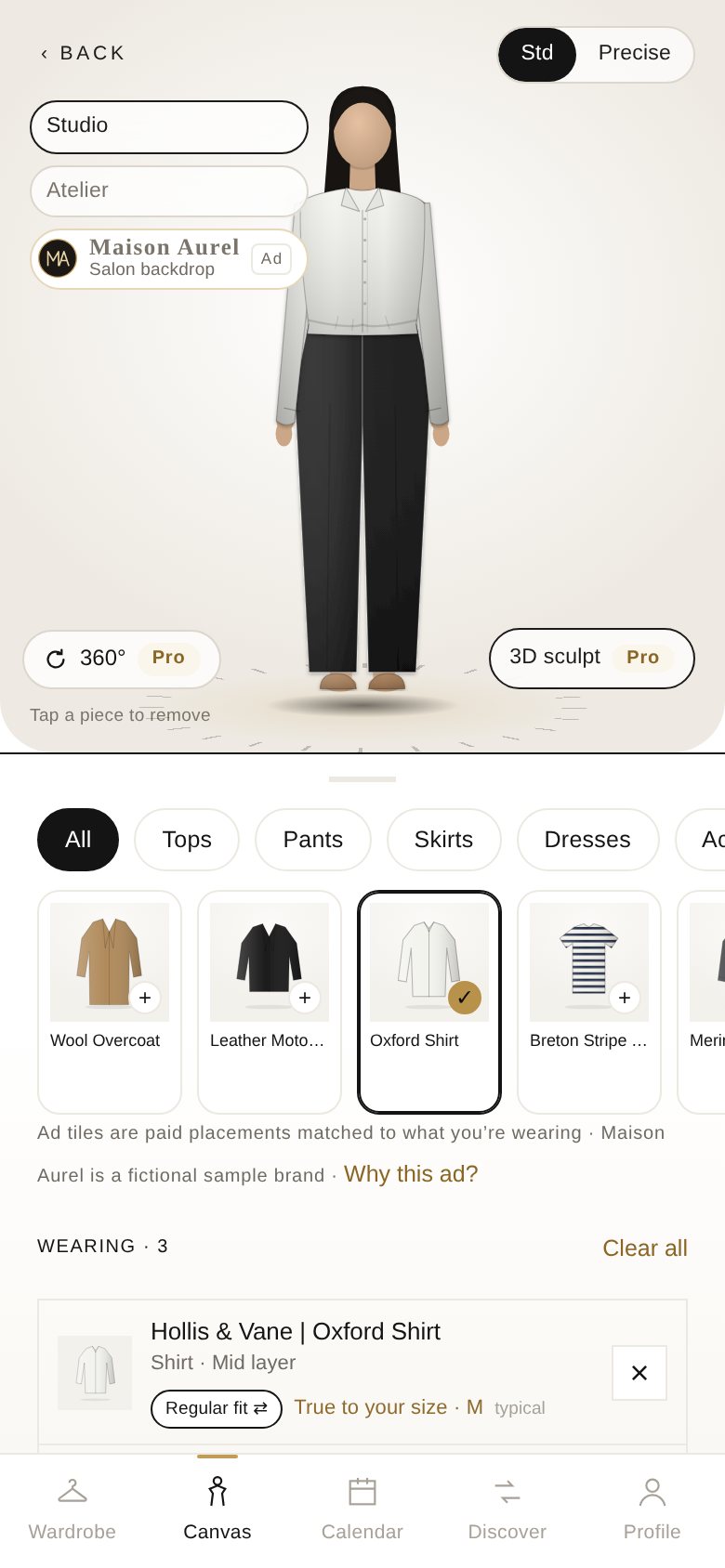 The Canvas screen: an avatar wearing an oxford shirt and trousers
