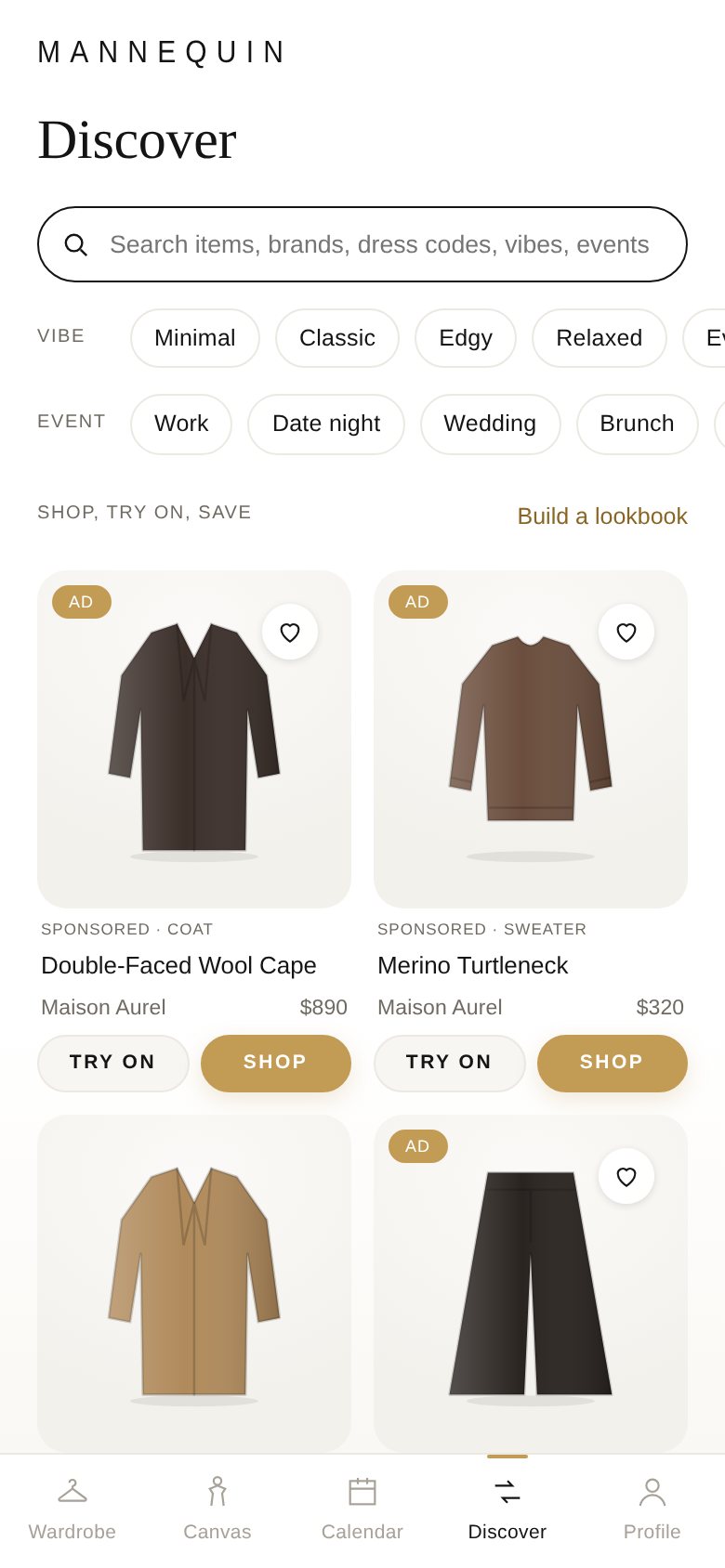 The Discover screen: search by vibe and event with suggested pieces